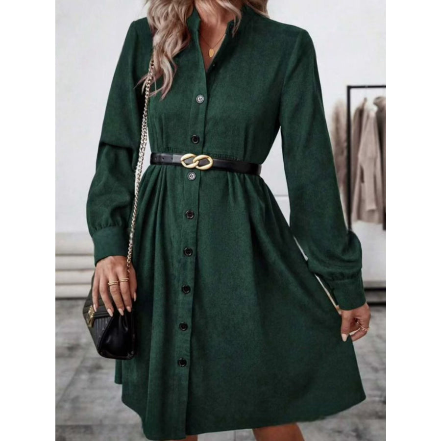 Ruched Button Up Long Sleeve Dress Dark Green / S Apparel and Accessories