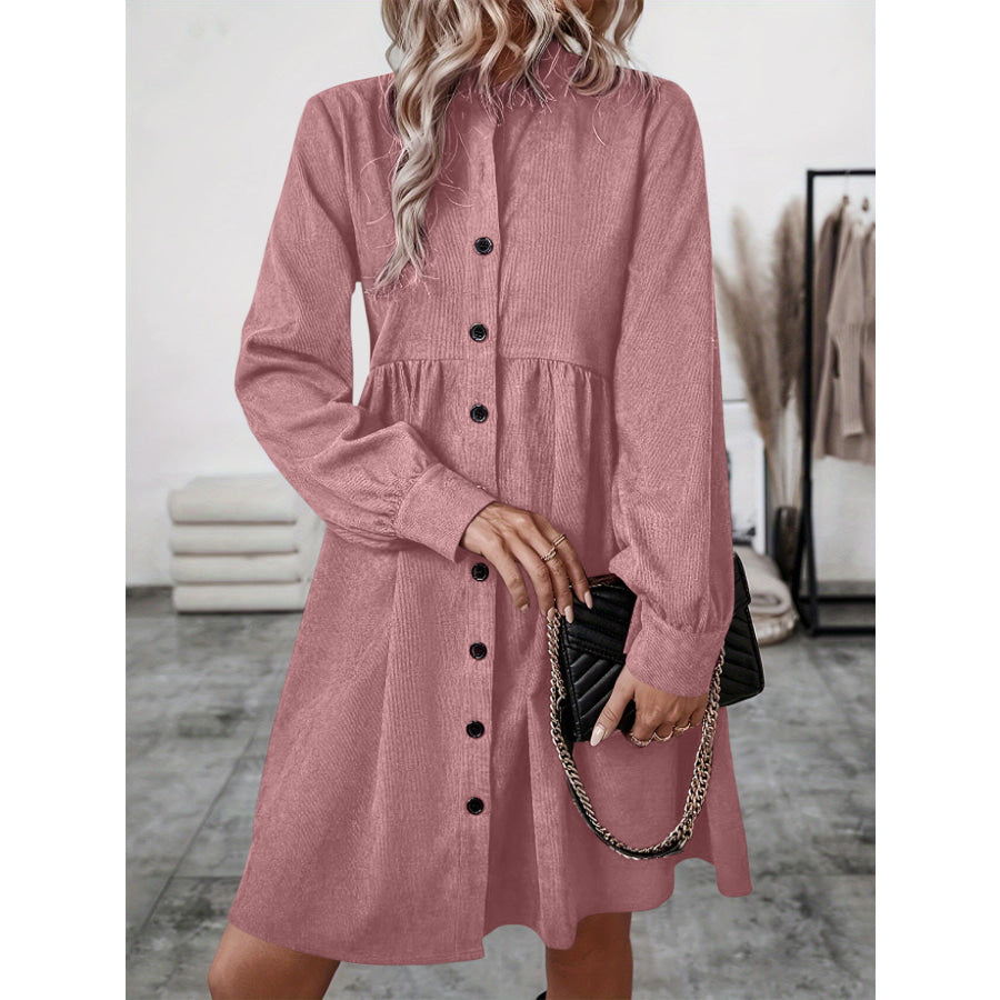 Ruched Button Up Long Sleeve Dress Dusty Pink / S Apparel and Accessories