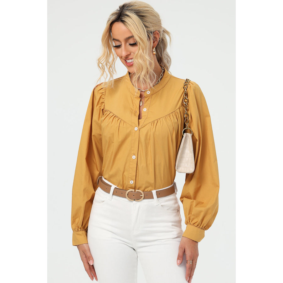 Ruched Button Up Long Sleeve Shirt Apparel and Accessories