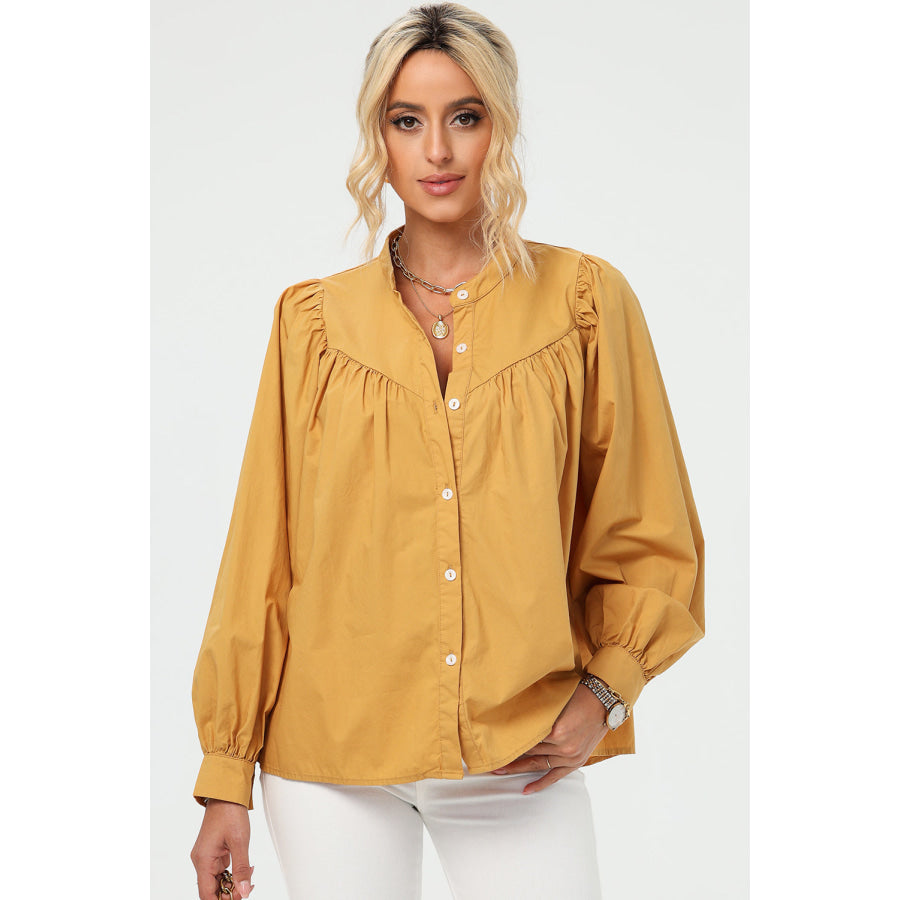 Ruched Button Up Long Sleeve Shirt Apparel and Accessories