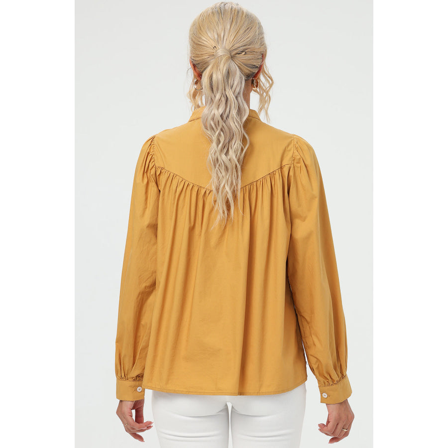 Ruched Button Up Long Sleeve Shirt Apparel and Accessories