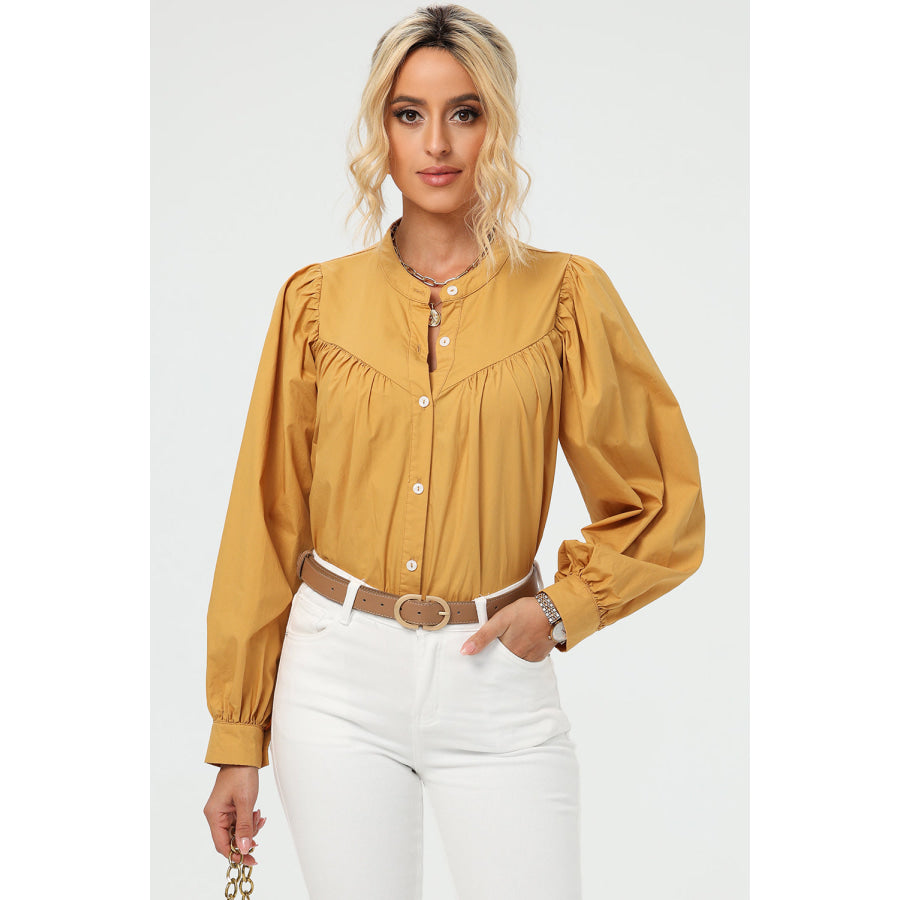 Ruched Button Up Long Sleeve Shirt Mustard / M Apparel and Accessories
