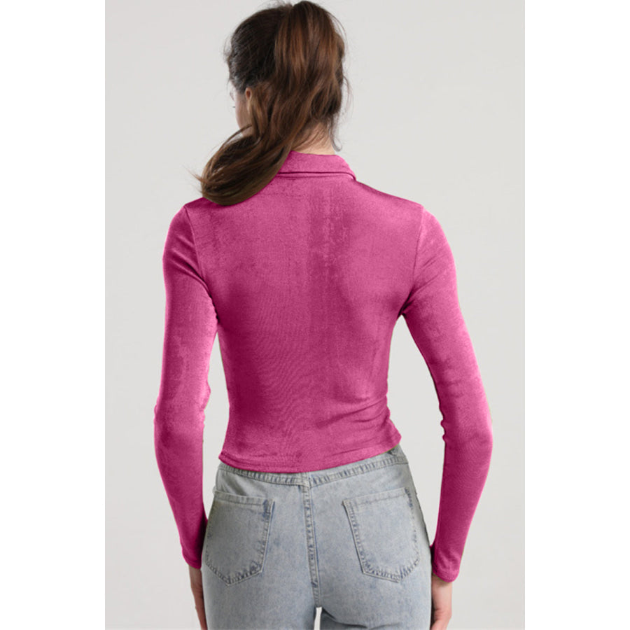 Ruched Button Up Long Sleeve T-Shirt Apparel and Accessories