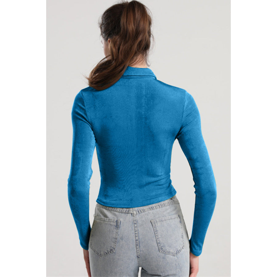 Ruched Button Up Long Sleeve T-Shirt Apparel and Accessories