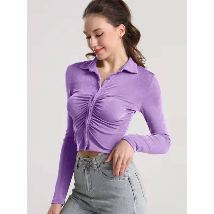 Ruched Button Up Long Sleeve T-Shirt Apparel and Accessories