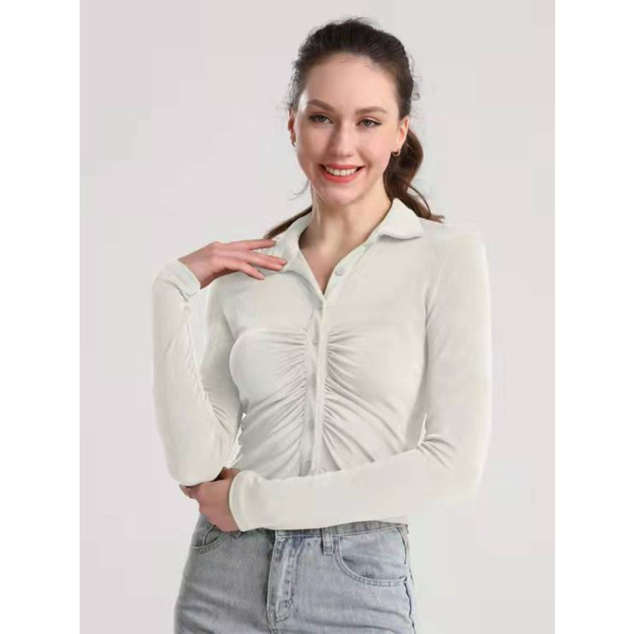 Ruched Button Up Long Sleeve T-Shirt Apparel and Accessories