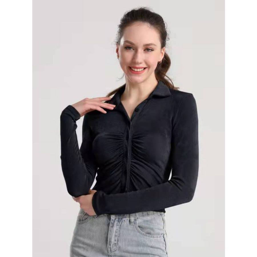 Ruched Button Up Long Sleeve T-Shirt Black / S Apparel and Accessories