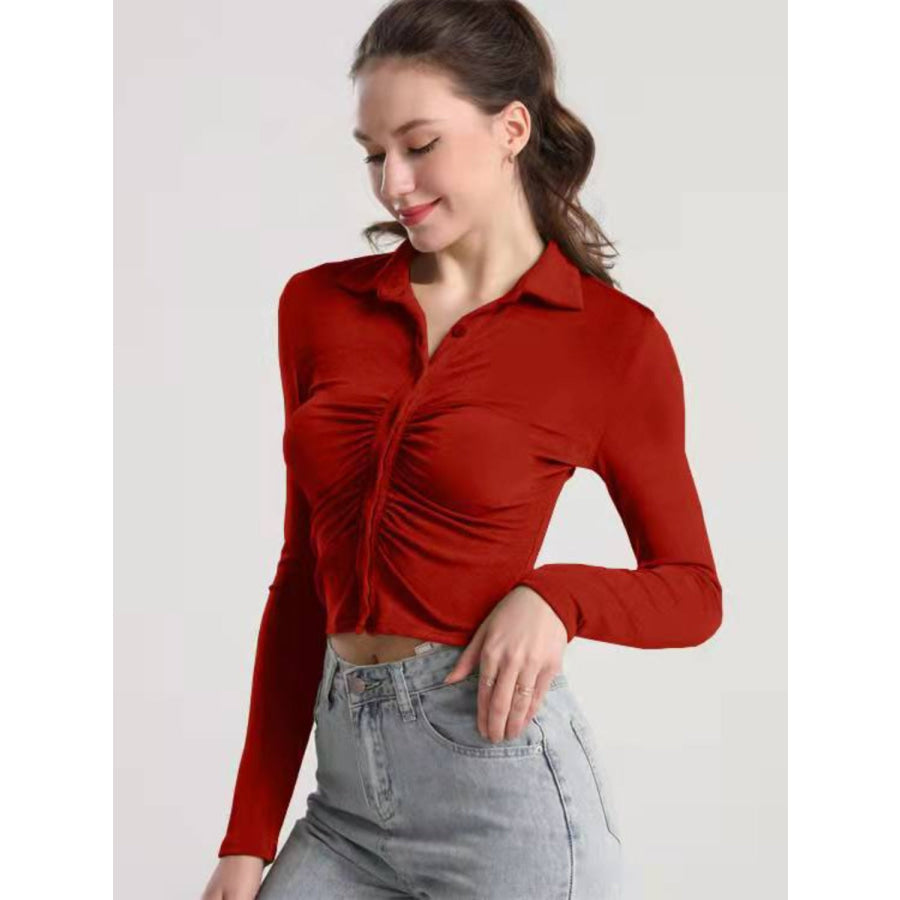 Ruched Button Up Long Sleeve T-Shirt Brick Red / S Apparel and Accessories