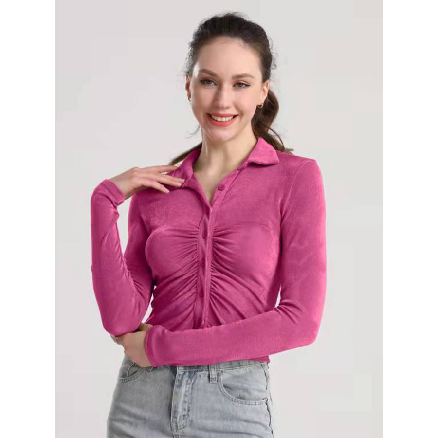 Ruched Button Up Long Sleeve T-Shirt Deep Rose / S Apparel and Accessories