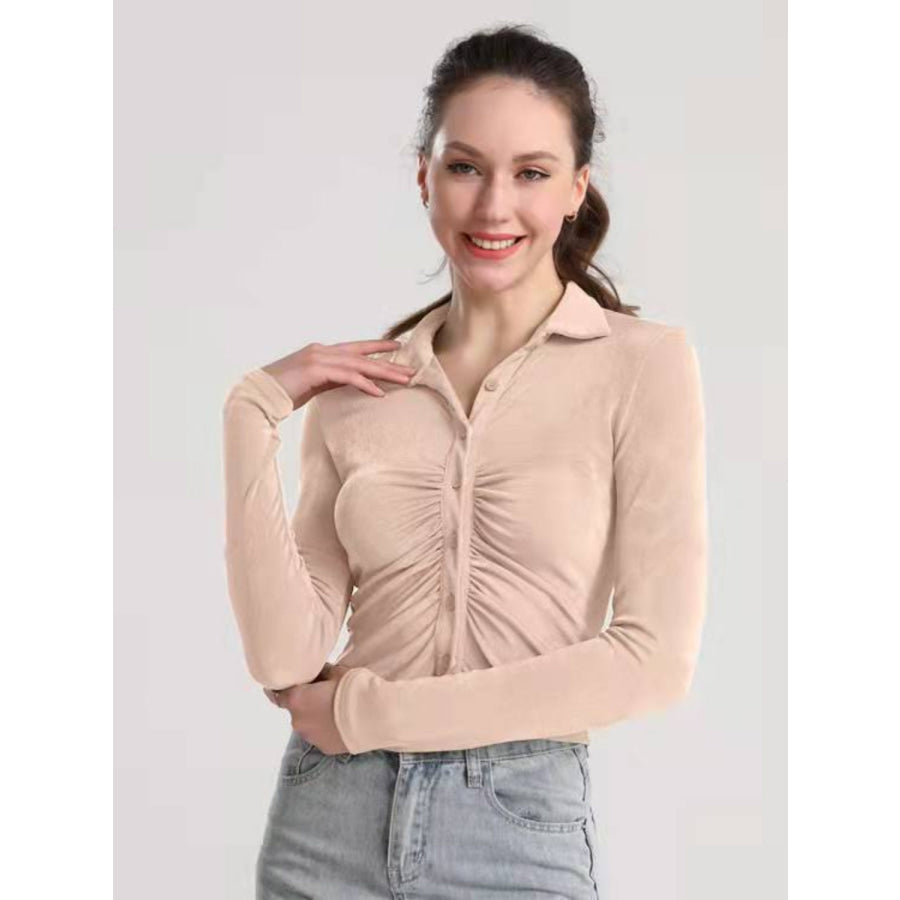 Ruched Button Up Long Sleeve T-Shirt Light Apricot / S Apparel and Accessories
