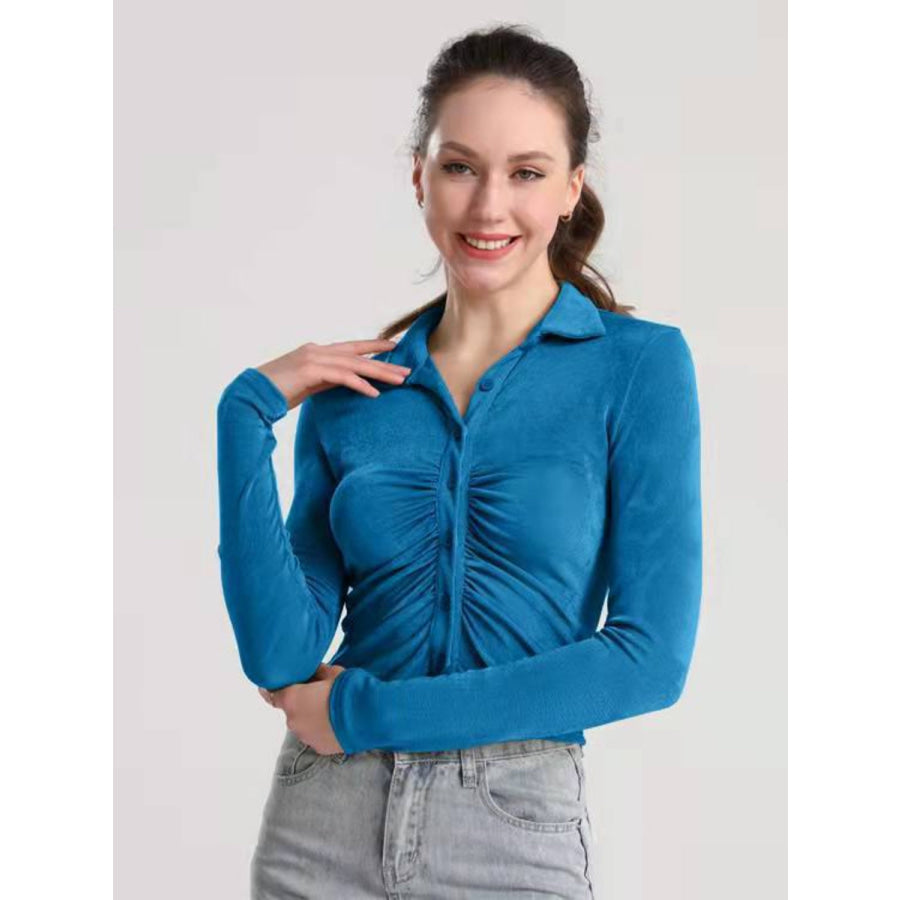 Ruched Button Up Long Sleeve T-Shirt Peacock Blue / S Apparel and Accessories