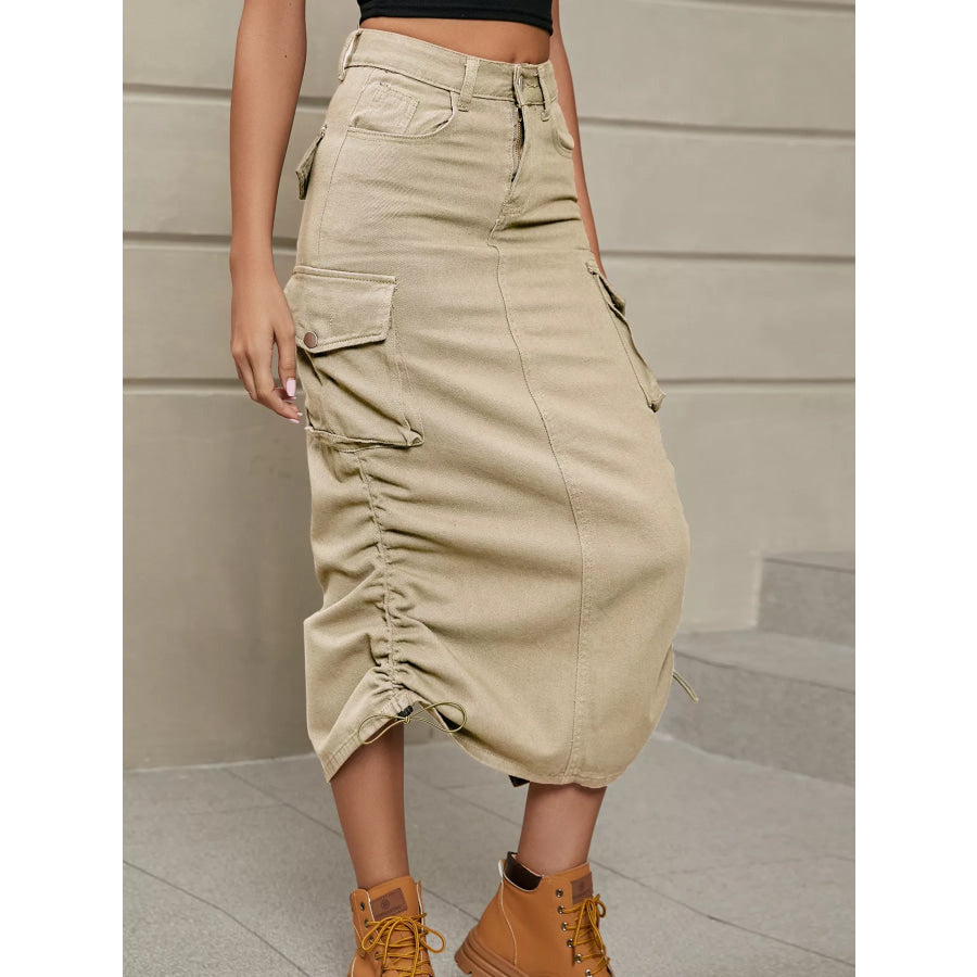 Ruched Cargo Midi Skirt Khaki / S Apparel and Accessories