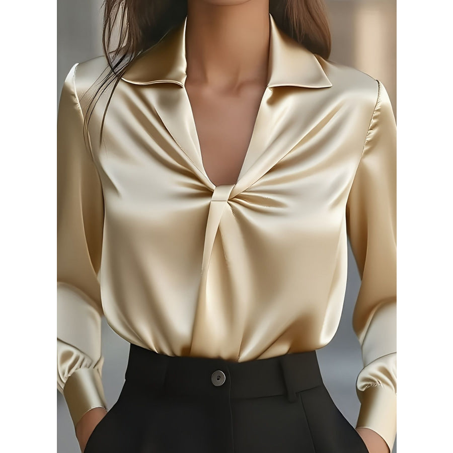 Ruched Collared Neck Long Sleeve Blouse Apparel and Accessories