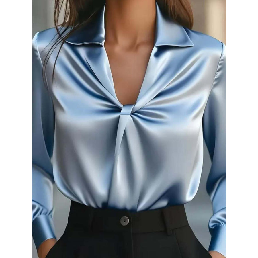 Ruched Collared Neck Long Sleeve Blouse Apparel and Accessories