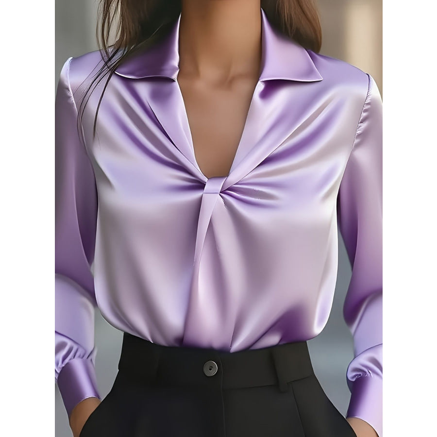 Ruched Collared Neck Long Sleeve Blouse Apparel and Accessories