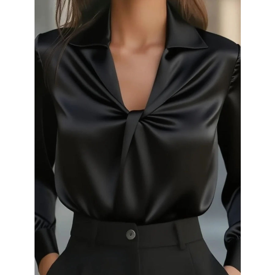 Ruched Collared Neck Long Sleeve Blouse Apparel and Accessories