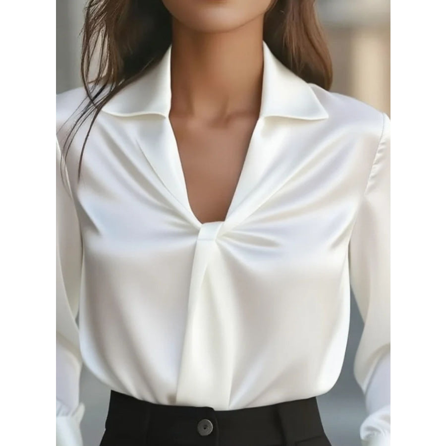 Ruched Collared Neck Long Sleeve Blouse Apparel and Accessories