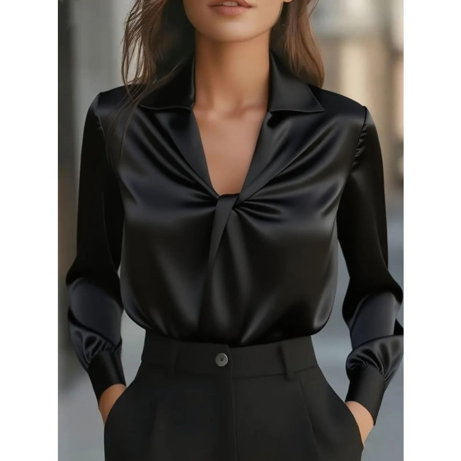 Ruched Collared Neck Long Sleeve Blouse Black / S Apparel and Accessories