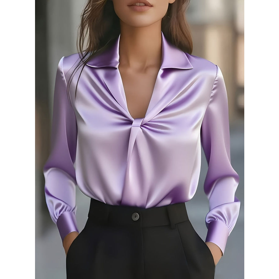 Ruched Collared Neck Long Sleeve Blouse Lavender / S Apparel and Accessories