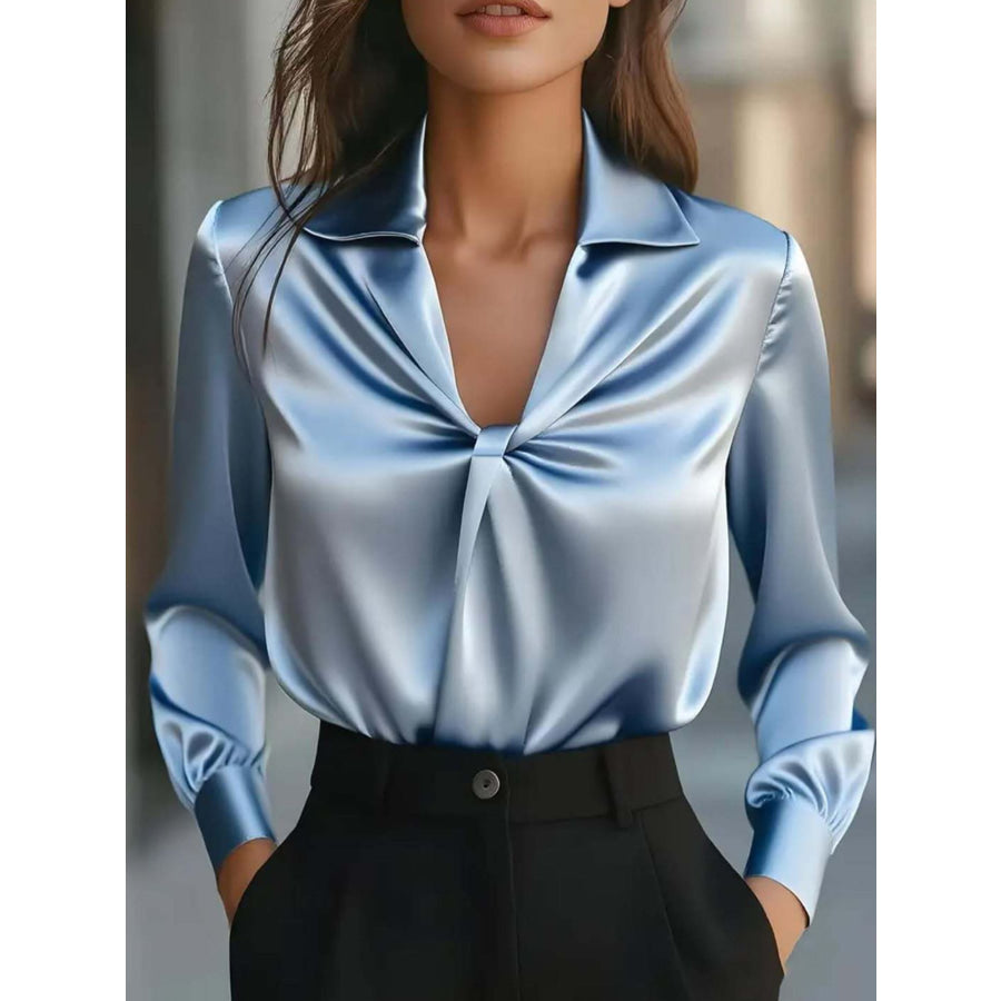 Ruched Collared Neck Long Sleeve Blouse Light Blue / S Apparel and Accessories