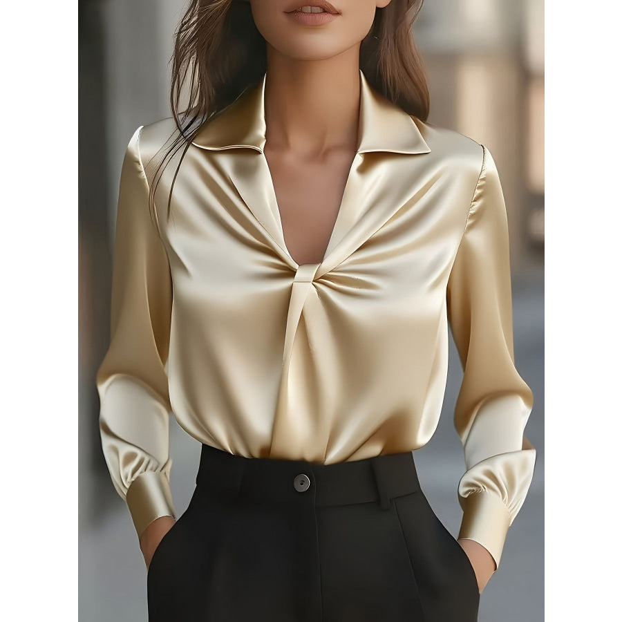 Ruched Collared Neck Long Sleeve Blouse Pastel Yellow / S Apparel and Accessories