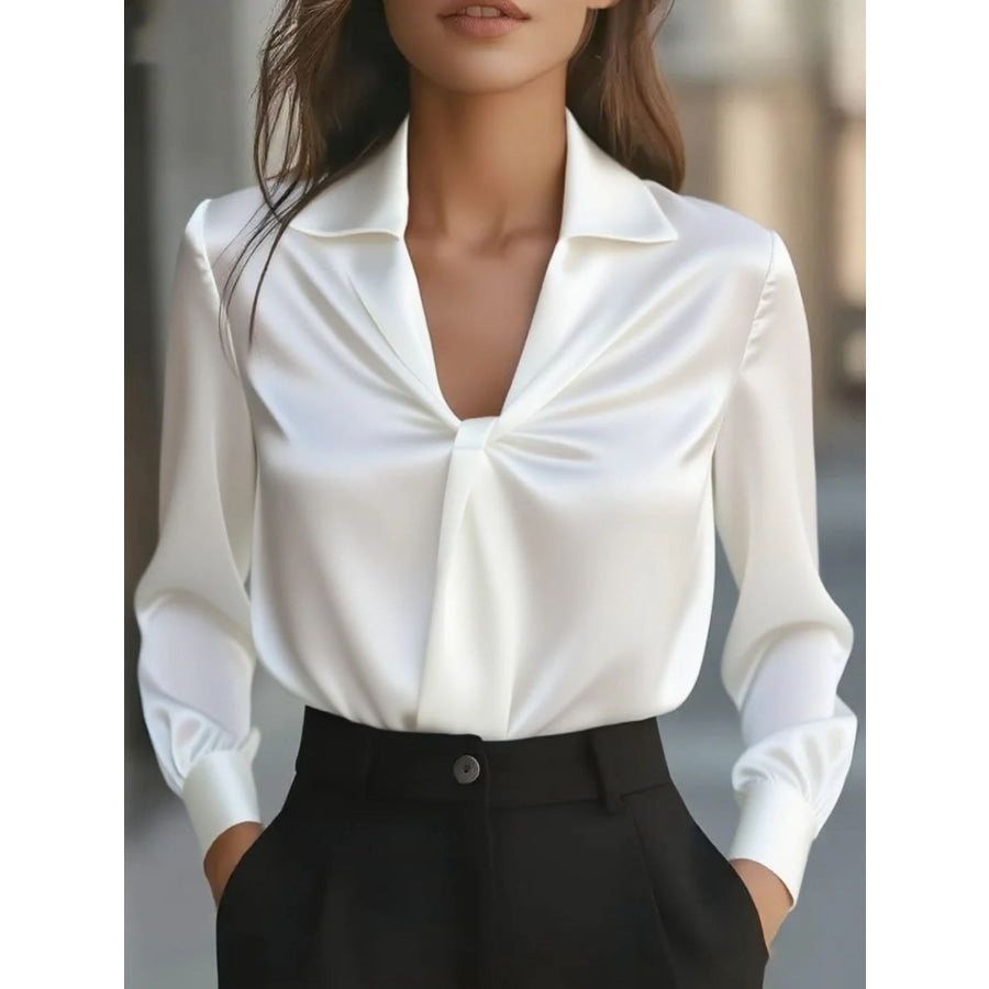 Ruched Collared Neck Long Sleeve Blouse White / S Apparel and Accessories