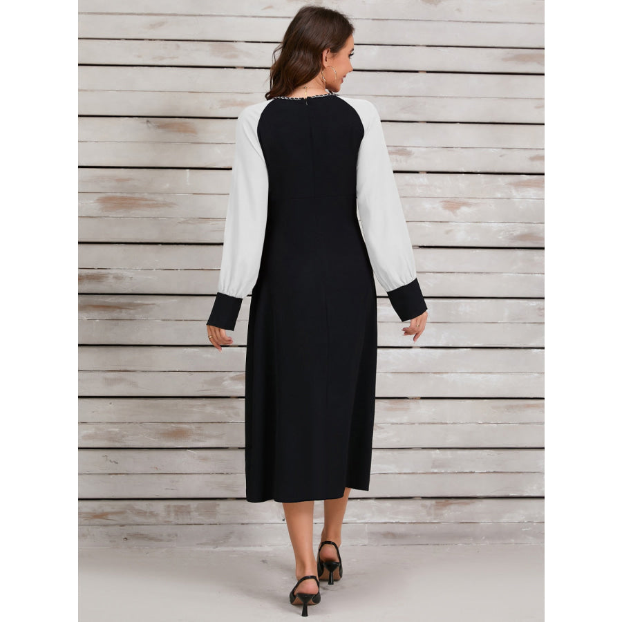 Ruched Contrast Long Sleeve Midi Dress Apparel and Accessories