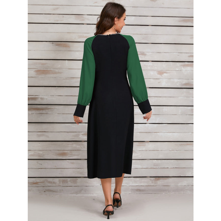 Ruched Contrast Long Sleeve Midi Dress Apparel and Accessories