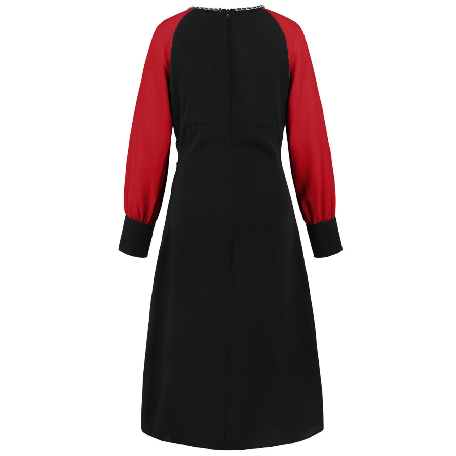 Ruched Contrast Long Sleeve Midi Dress Apparel and Accessories