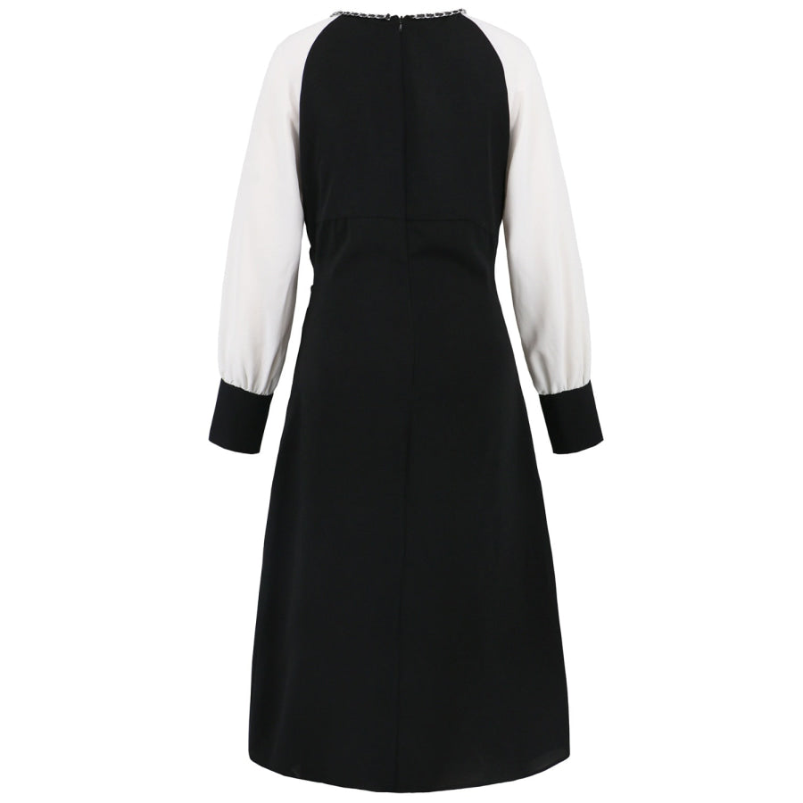 Ruched Contrast Long Sleeve Midi Dress Apparel and Accessories