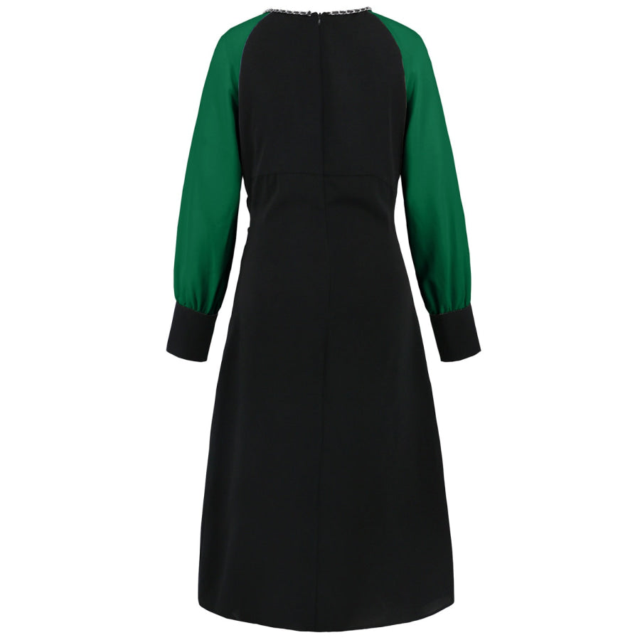 Ruched Contrast Long Sleeve Midi Dress Apparel and Accessories