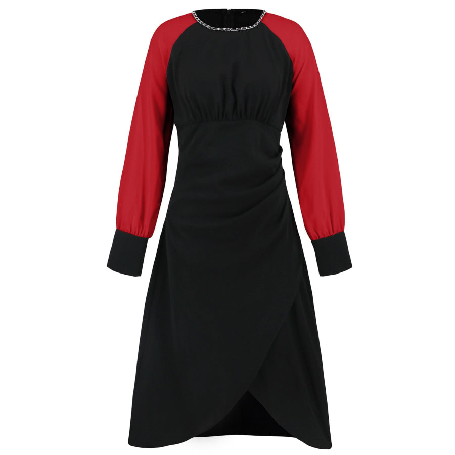 Ruched Contrast Long Sleeve Midi Dress Apparel and Accessories