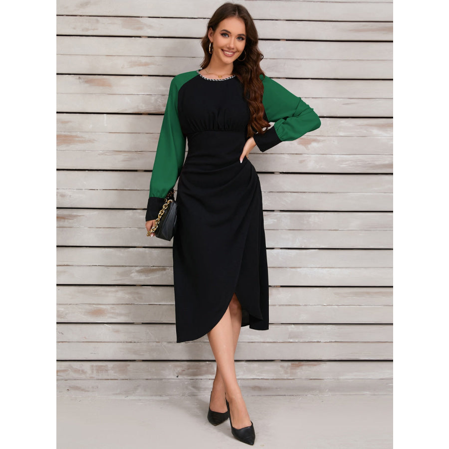 Ruched Contrast Long Sleeve Midi Dress Apparel and Accessories