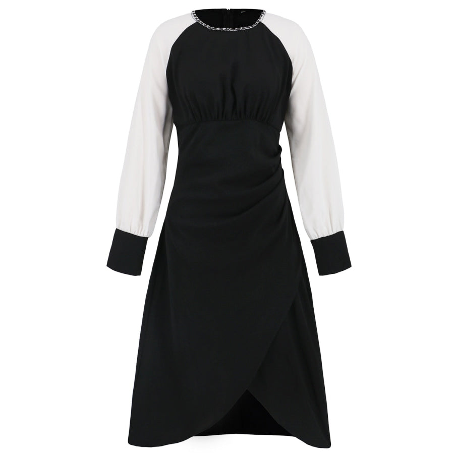 Ruched Contrast Long Sleeve Midi Dress Apparel and Accessories