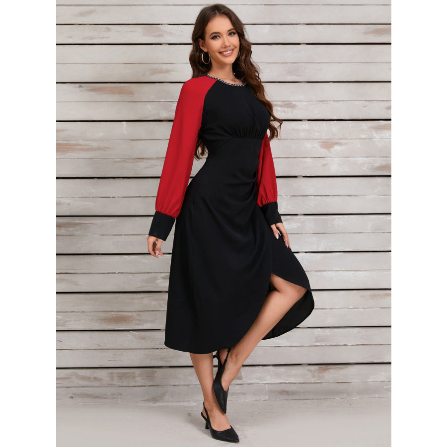 Ruched Contrast Long Sleeve Midi Dress Apparel and Accessories