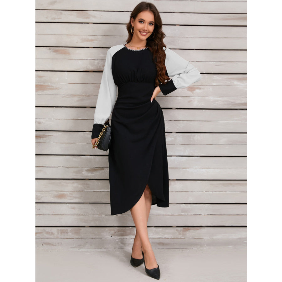 Ruched Contrast Long Sleeve Midi Dress White / S Apparel and Accessories