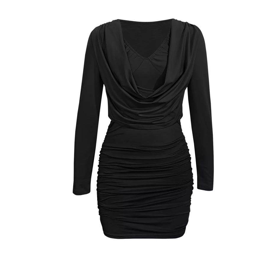 Ruched Cowl Neck Long Sleeve Mini Dress Black / S Apparel and Accessories