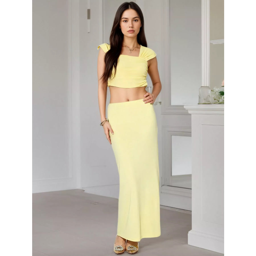 Ruched Crop Top and Maxi Skirt Set Yellow / S Apparel and Accessories