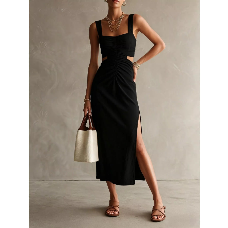 Ruched Cut-Out Midi Dress Black / S Apparel and Accessories