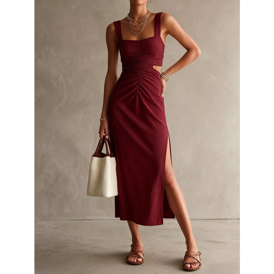 Ruched Cut-Out Midi Dress Burgundy / S Apparel and Accessories