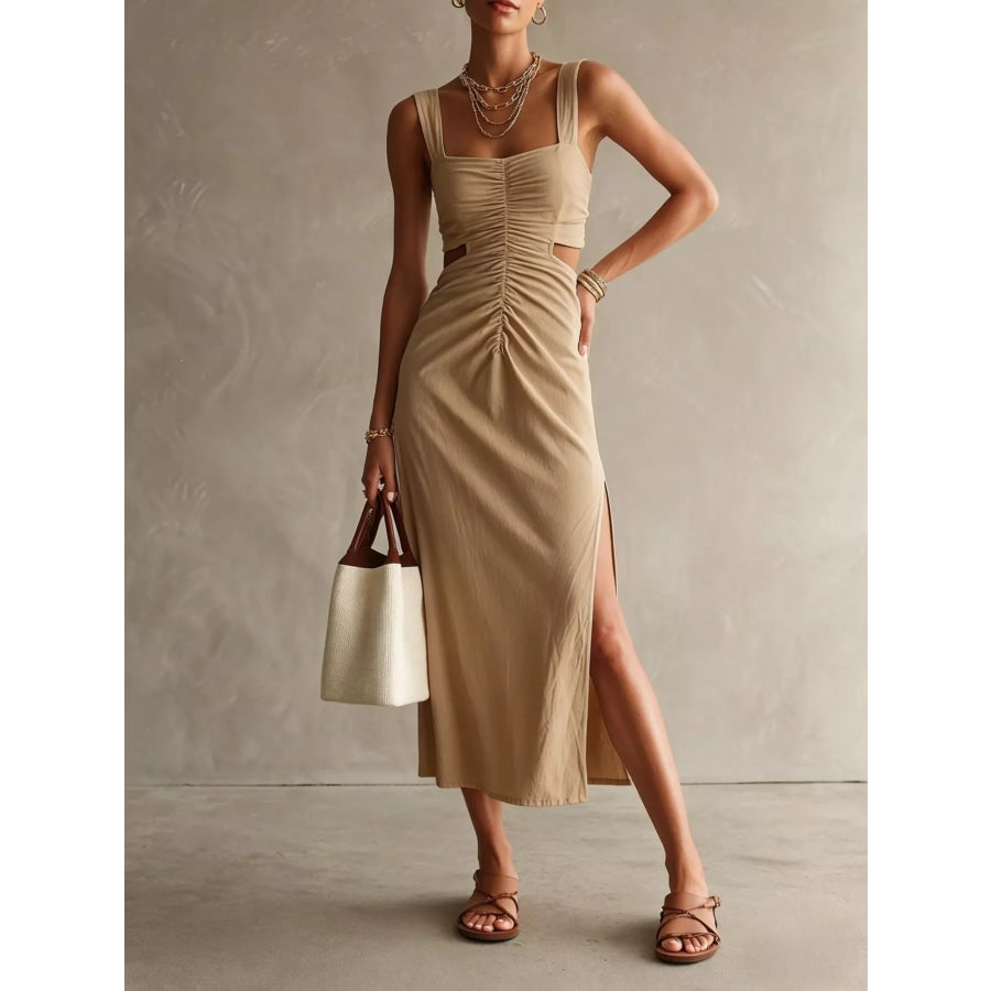 Ruched Cut-Out Midi Dress Khaki / S Apparel and Accessories
