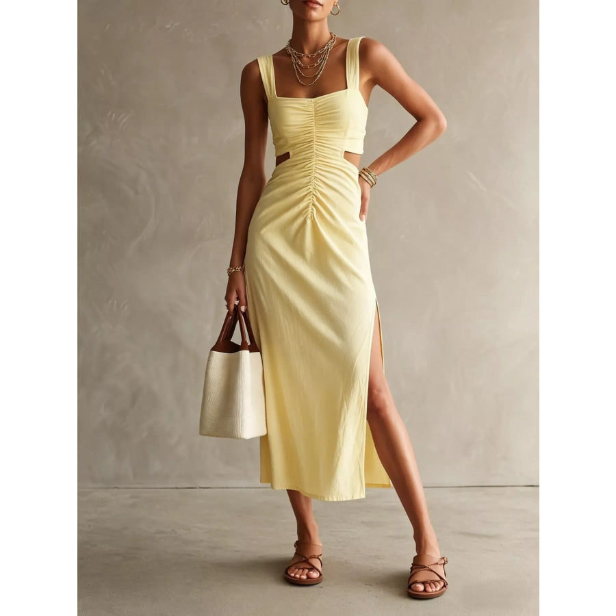 Ruched Cut-Out Midi Dress Light Yellow / S Apparel and Accessories