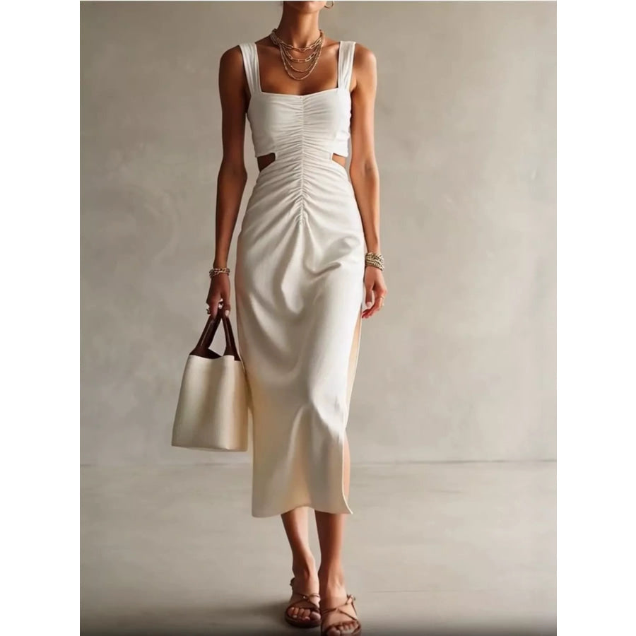 Ruched Cut-Out Midi Dress White / S Apparel and Accessories