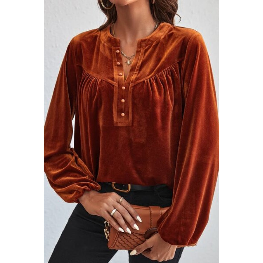 Ruched Decorative Button Notched Blouse Chestnut / S Clothing