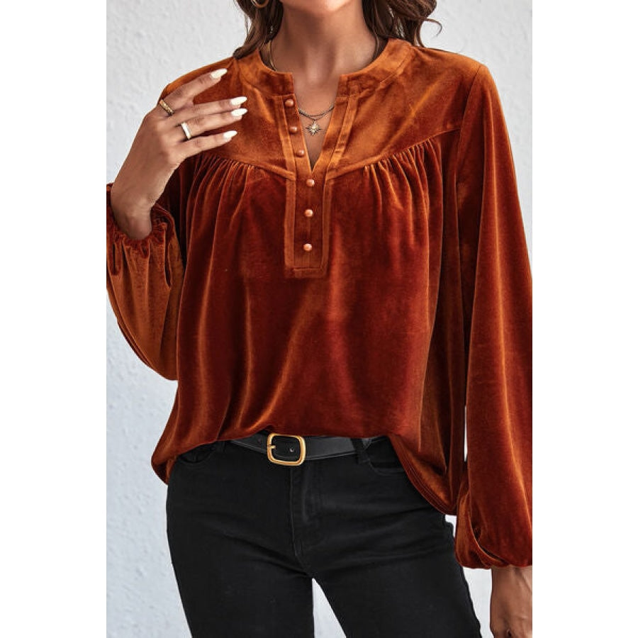 Ruched Decorative Button Notched Blouse Clothing