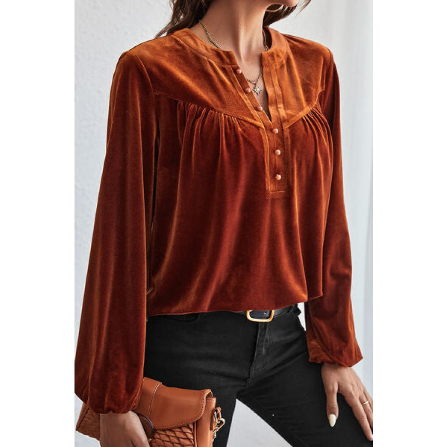 Ruched Decorative Button Notched Blouse Clothing