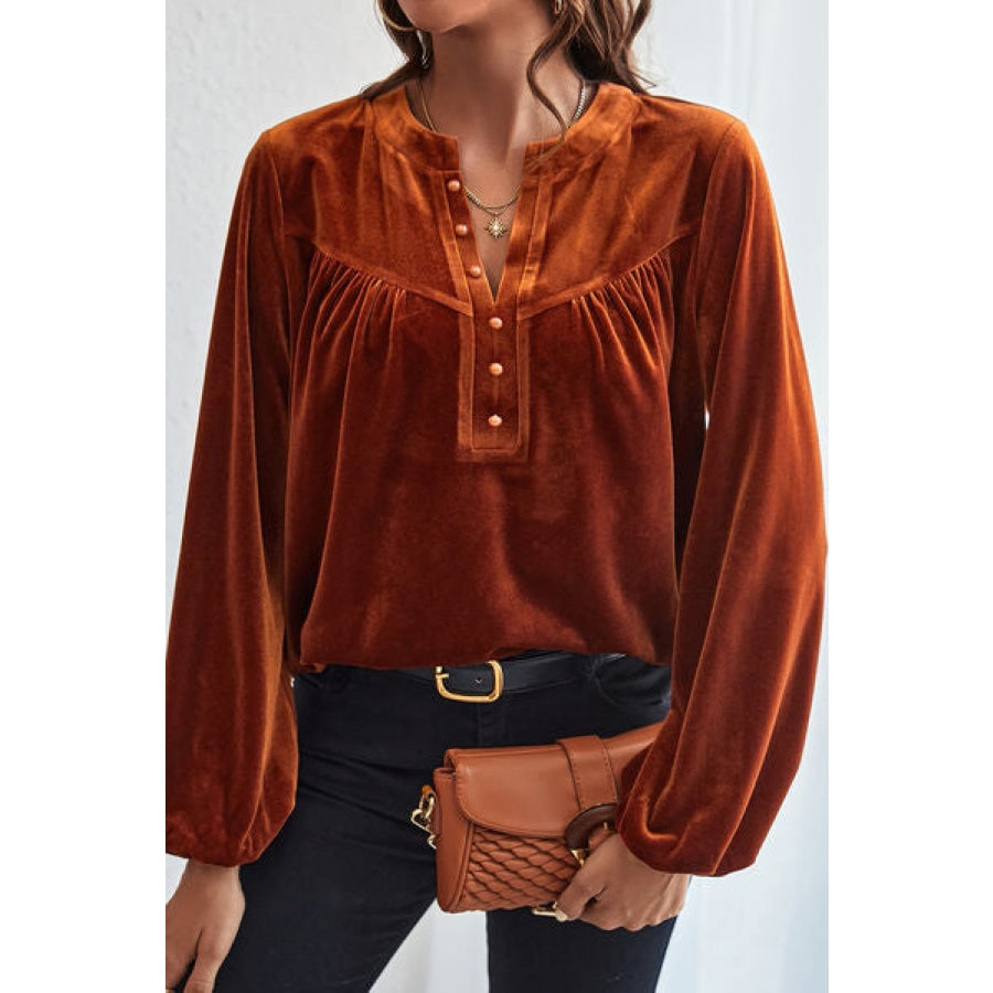 Ruched Decorative Button Notched Blouse Clothing