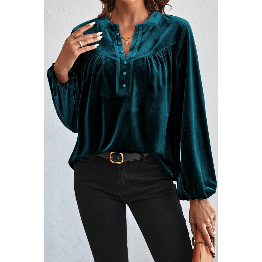 Ruched Decorative Button Notched Blouse Deep Teal / L Clothing