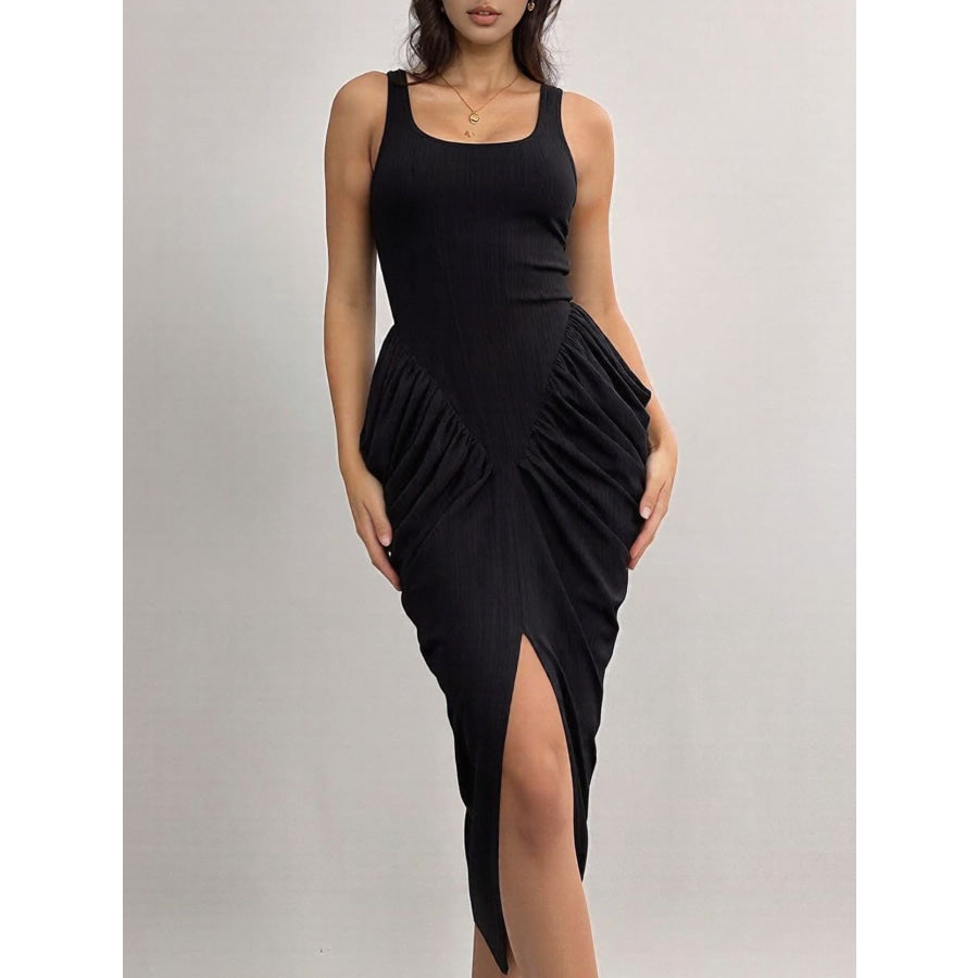 Ruched Detail Slit Midi Dress Black / S Apparel and Accessories