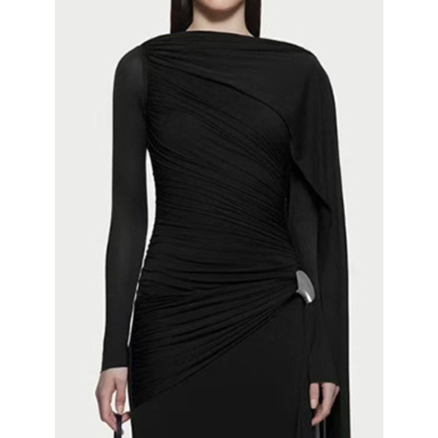 Ruched Draped Long Sleeve Maxi Dress Apparel and Accessories